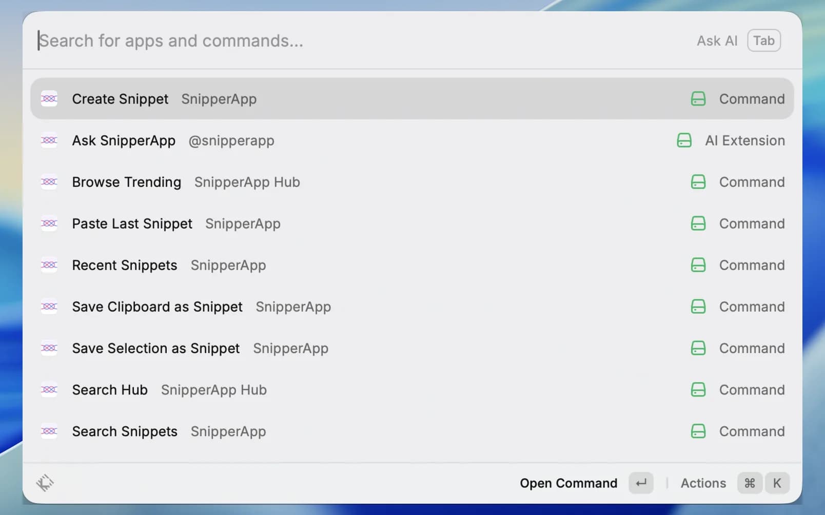 Raycast root search listing the SnipperApp commands: Create Snippet, Ask SnipperApp, Browse Trending, Paste Last Snippet, Recent Snippets, Save Clipboard as Snippet, Save Selection as Snippet, Search Hub, and Search Snippets